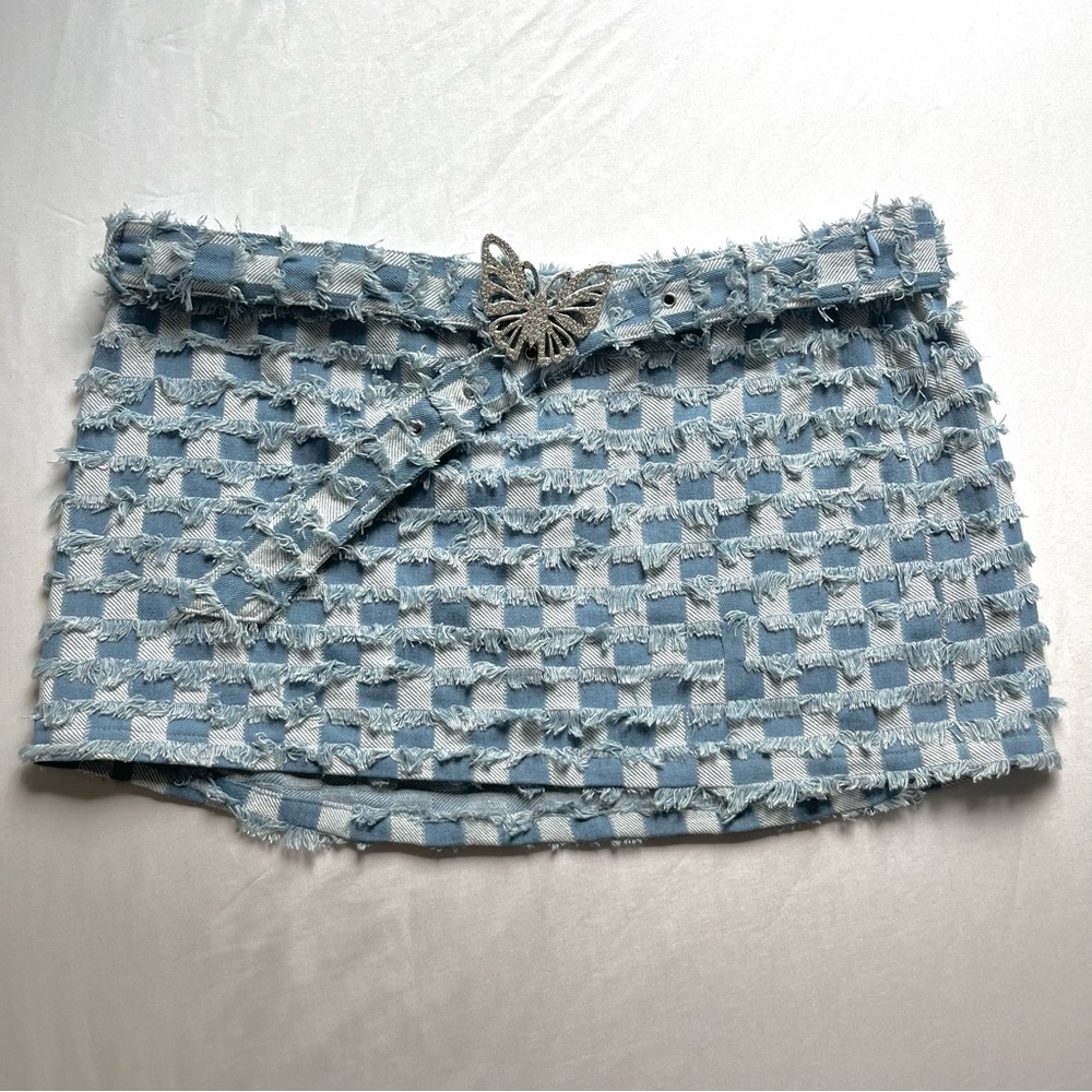 ELSIE & FRED‎ blue denim check frayed distressed y2k butterfly belted mini skirt